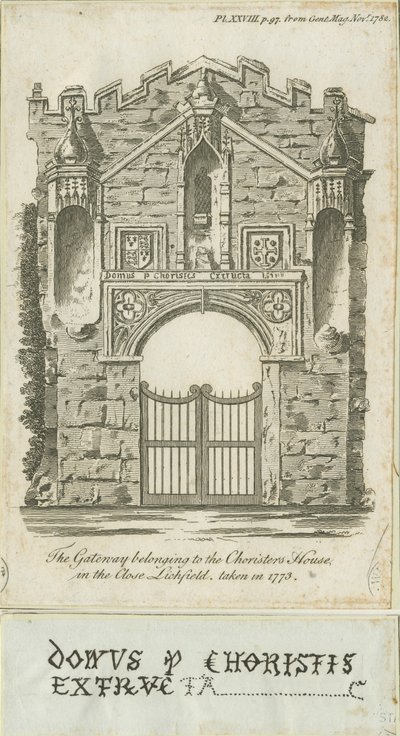Lichfield - Porte de la maison des choristes : gravure - School English