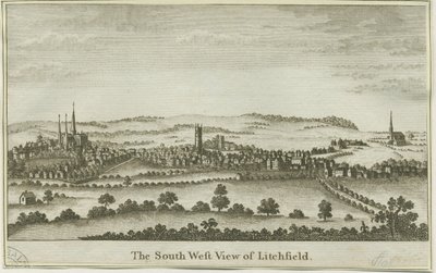 Lichfield - Vue sud-ouest : gravure sur cuivre, nd [fin 18e siècle] (impression) - School English