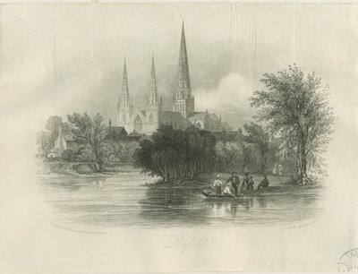 Cathédrale de Lichfield - Vue sud-ouest : gravure (vignettée), nd [c 1842] (impression) - School English