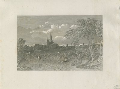 Cathédrale de Lichfield - Vue ouest (lointaine) : gravure, nd [?18e siècle] (impression) - School English