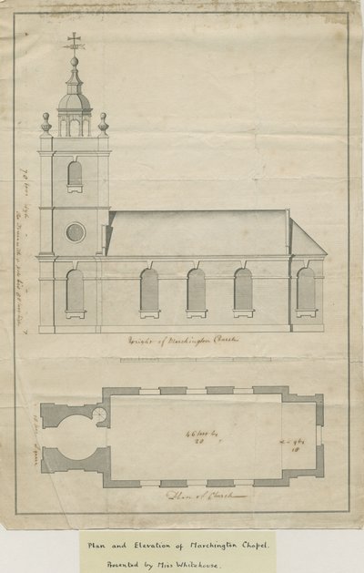 Église de Marchington - Élévation extérieure et plan intérieur: dessin à la plume, nd [?milieu 18e siècle] - School English