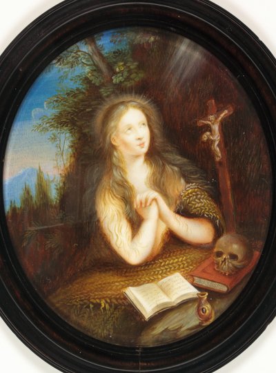 Marie Madeleine appuyée contre une berge, les yeux levés vers un crucifix - School English