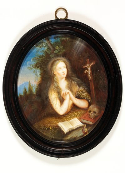 Marie Madeleine appuyée contre une berge, les yeux levés vers un crucifix - School English