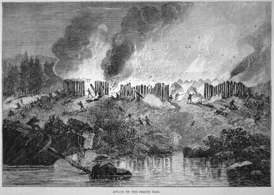Les colons blancs de la Nouvelle-Angleterre attaquent le fort indien Pequot pendant la guerre des Pequot de 1637 - School English