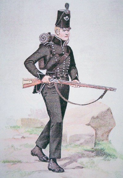 Soldat des 95e fusiliers, vers 1810, armé du fusil Baker, conçu par Ezekiel Baker de Londres - School English