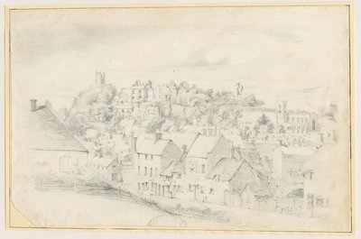 Tutbury - Ville, église et château : dessin au crayon, nd [?19e siècle] - School English
