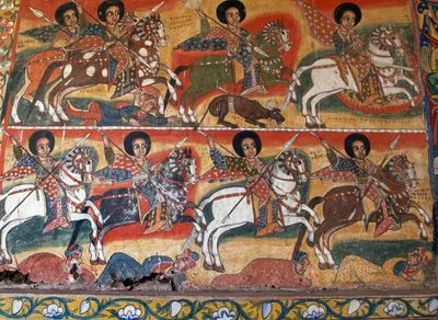 Chevaliers avec des lances, peintures dans le monastère Ura Kidane Meret (XVIIe siècle), Grand Bahar Dar, péninsule de Zege, Éthiopie (détail) - School Ethiopian