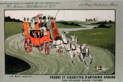 Publicité pour la marque de cigarettes, Exibard, représentant une diligence et affirmant que le tabac et les cigarettes sont efficaces contre l