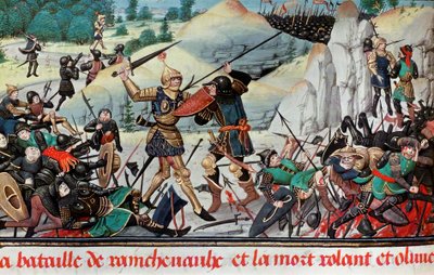 Mort du chevalier Roland, neveu de Charlemagne, à la bataille de Roncevaux (778) entre l
