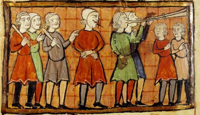 Faux témoin à la langue percée condamné à errer dans les rues de la ville précédé de joueurs de trompette miniatures du manuscrit de Citeaux. Angers, Bibliothèque municipale - School French