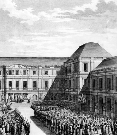 Fête donnée par Napoléon I Bonaparte au Palais national du Directoire (Palais du Luxembourg) à Paris après le traité de Campo Formio le 20 frimaire An VI (10 décembre 1797). Paris, Bibliothèque de l