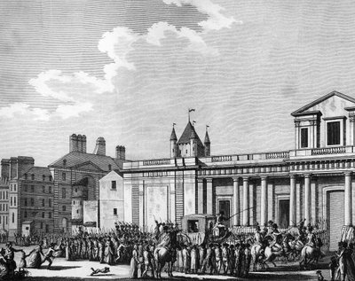 Révolution française : Transfert de la famille royale (Louis XVI, Marie-Antoinette, le dauphin Louis Charles de France ou Louis XVII et Marie-Thérèse dite Madame Royale) à la prison du Temple à Paris le 13 août - School French