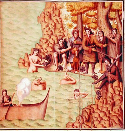 Indiens du détroit de Magellan avec des explorateurs français, illustration du 