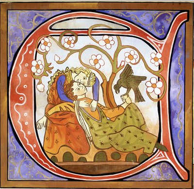 Initiale habitée A représentant un troubadour - School French