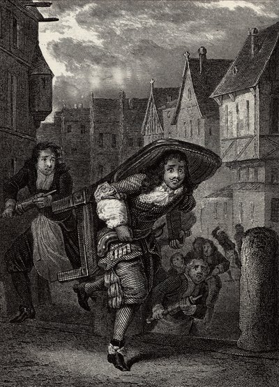 Monsieur de Pourceaugnac - gravure des "Œuvres" de Molière - Scène de la pièce de théâtre "Monsieur de Pourceaugnac" par Jean-Baptiste Poquelin dit Molière - School French