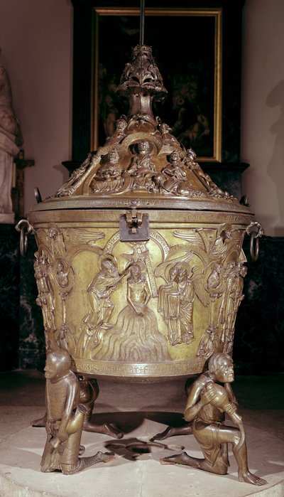 Fonts baptismaux montrant un panneau en relief du Baptême du Christ, soutenu par quatre figures agenouillées représentant les rivières du paradis, allemand, vers 1225-30 - School German