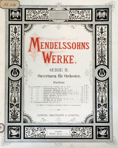 Couverture de la partition "Ouverture Op. 10 pour orchestre" par Felix Mendelssohn (lithographie en couleur) - School German