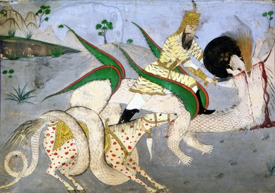 Un guerrier monté attaquant un dragon, illustration d