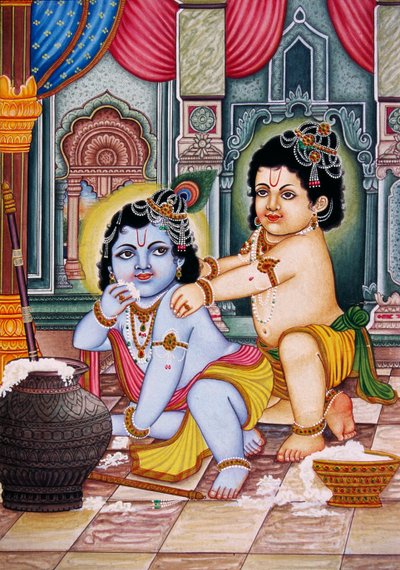 Bal Krishna avec Balram Peinture miniature sur papier - School Indian