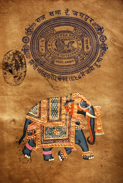 Éléphant, peinture faite à la main et vieux papier timbré, Jaipur, Rajasthan, Inde - School Indian
