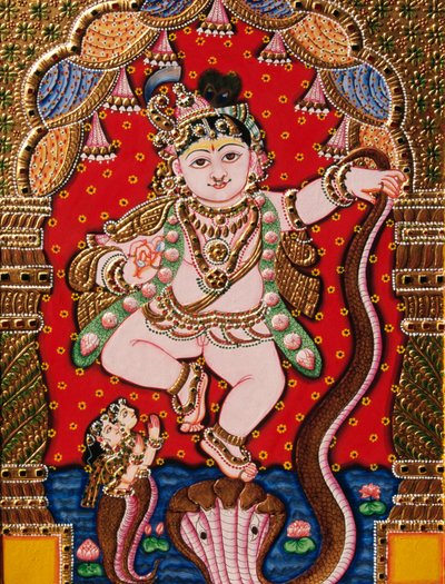 Peinture Tanjore de Bal Krishna en relief - School Indian
