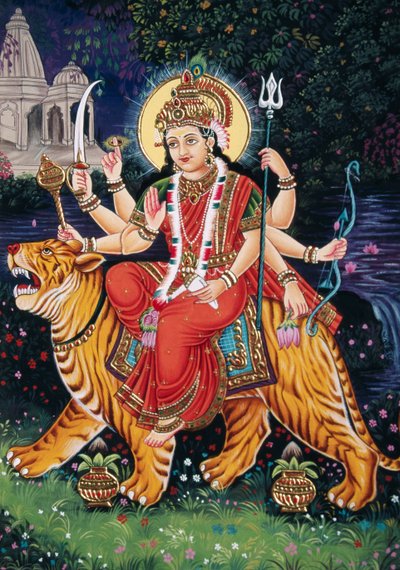 Miniature de la déesse Durga sur papier avec broderie - School Indian