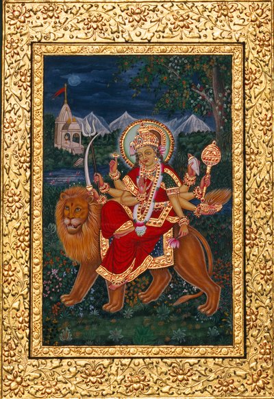 Déesse Durga, peinture miniature avec cadre doré - School Indian