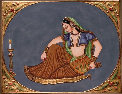 Dame appréciant une boisson, peinture miniature sur papier - School Indian