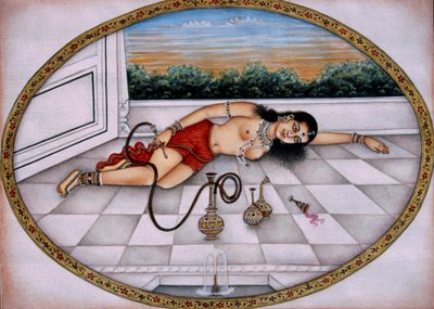 Dame appréciant le hookah et la boisson, peinture miniature sur papier - School Indian
