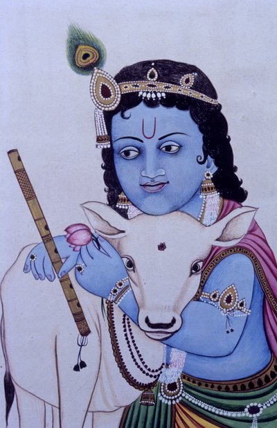 Seigneur Bal Krishna avec vache dans une peinture miniature sur papier - School Indian