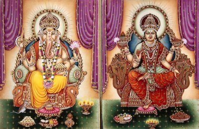 Seigneur Ganesh Ganpati Déesse et Lakshmi Peinture miniature sur ivoire - School Indian