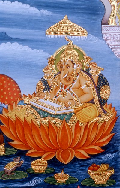Seigneur Ganesh Ganpati écrivant des écritures, miniature - School Indian