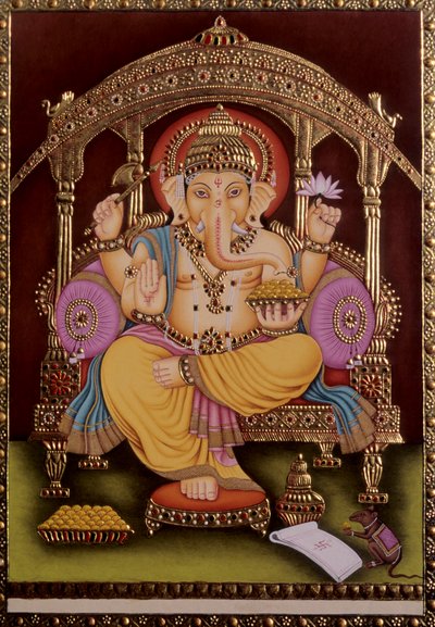 Peinture miniature de Lord Ganesh Ganpati sur papier avec embossage doré - School Indian