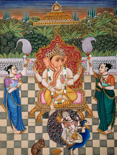 Seigneur Ganesh Ganpati Riddhi et Siddhi Peinture Miniature sur Papier - School Indian