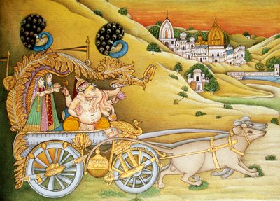 Seigneur Ganesh Ganpati Riddhi et Siddhi peinture miniature sur papier - School Indian