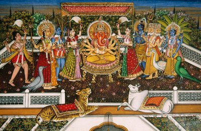 Miniature de Ganesh avec Brahma, Vishnu, Shiva, Durga sur papier - School Indian