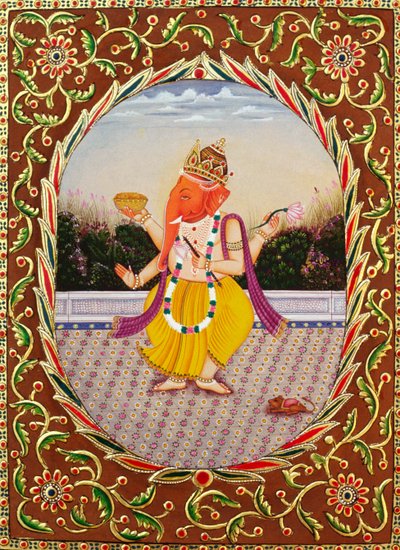Seigneur Ganesha Ganpati, miniature sur papier avec broderie - School Indian