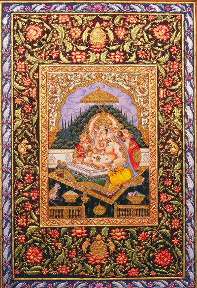 Peinture Miniature de Lord Ganesha Ganpati sur Papier avec Dorure - School Indian