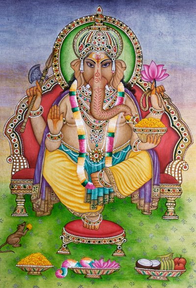 Seigneur Ganesha Ganpati en peinture miniature sur papier - School Indian