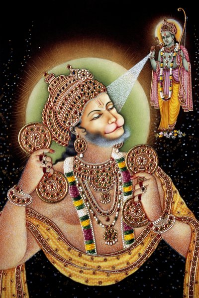 Seigneur Hanuman et Rama, peinture miniature sur papier - School Indian