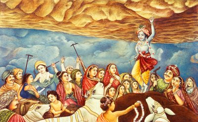 Seigneur Krishna levant la montagne Peinture miniature - School Indian