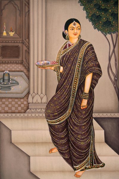 Dame marathi allant au temple, peinture miniature sur papier - School Indian