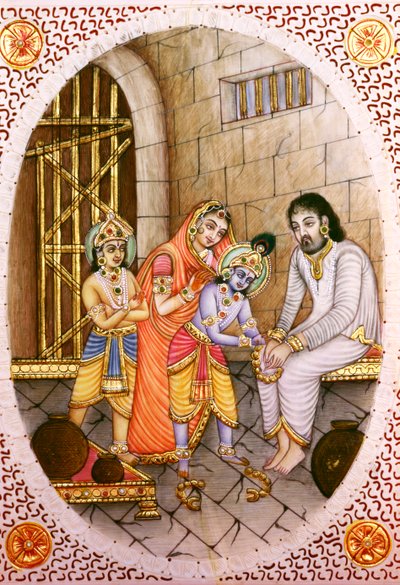 Peinture Miniature en Ivoire de Krishna Balram et Devaki Vasudeva - School Indian