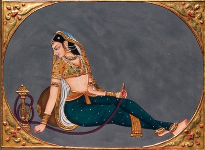 Peinture miniature sur papier Dame profitant du hookah - School Indian