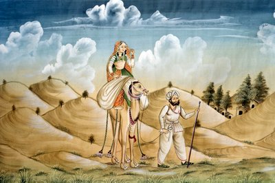 Peinture miniature sur soie, Voyageurs solitaires, Rajasthan - School Indian
