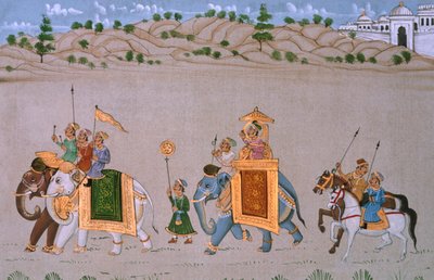 Miniature sur soie, procession royale - School Indian
