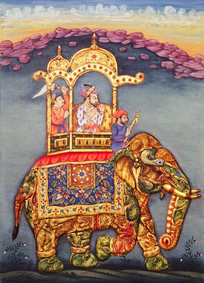 Roi moghol Shah Jahan chevauchant un éléphant - School Indian