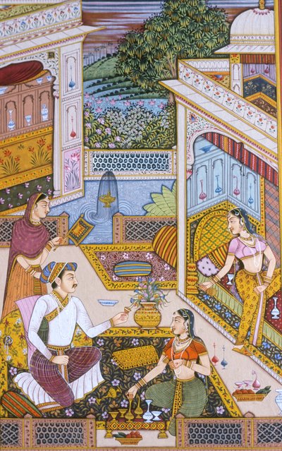 Peinture miniature moghole sur papier, roi royal appréciant une boisson - School Indian