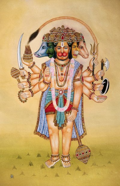 Peinture miniature de Panchmukhi Lord Hanuman sur papier - School Indian