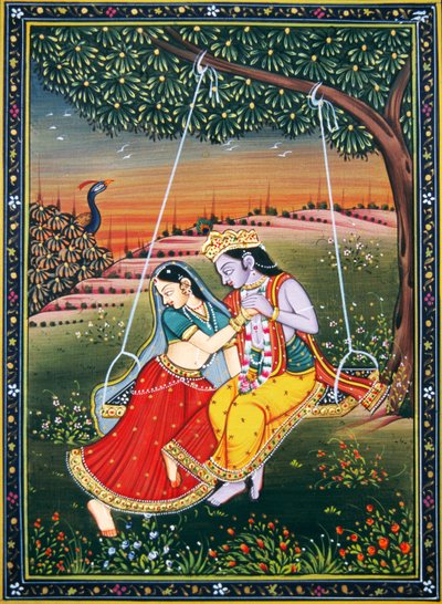 Radha Krishna profitant de Jhoola Peinture miniature sur papier - School Indian